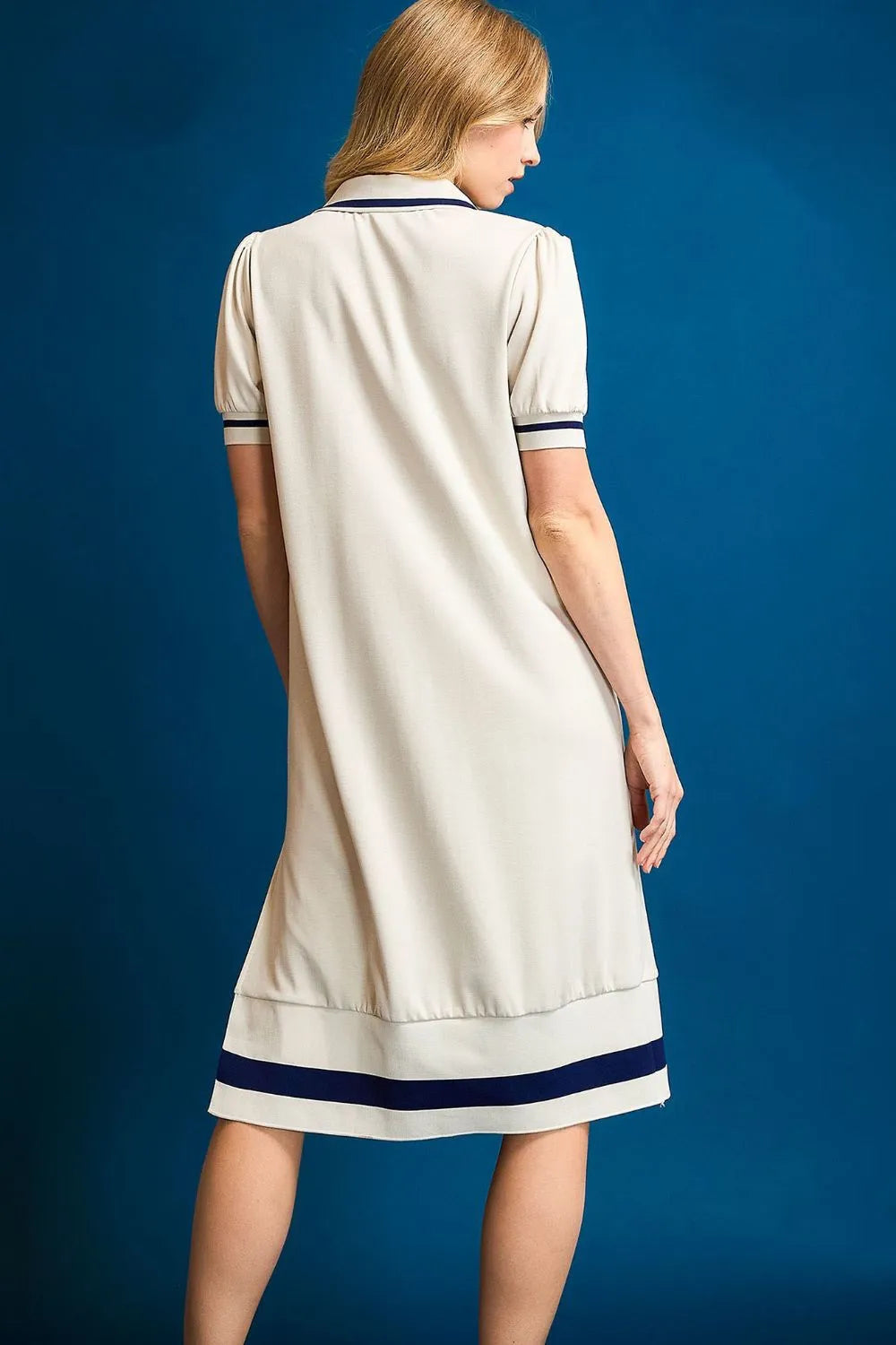 Umgee Polo Collar Contrast Trim Midi Dress in Cream