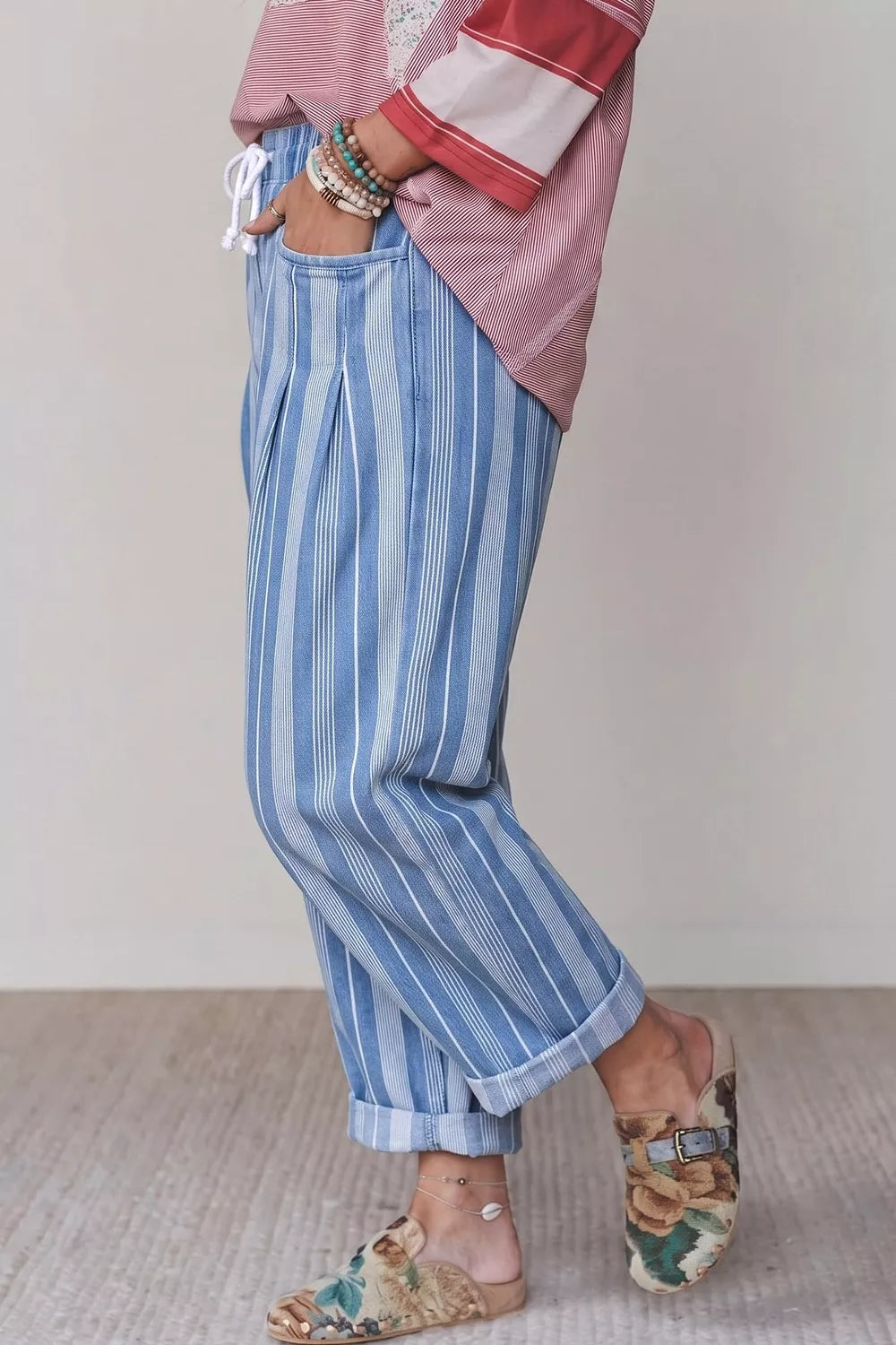 Striped High Waist Barrel Jeans in Light Blue