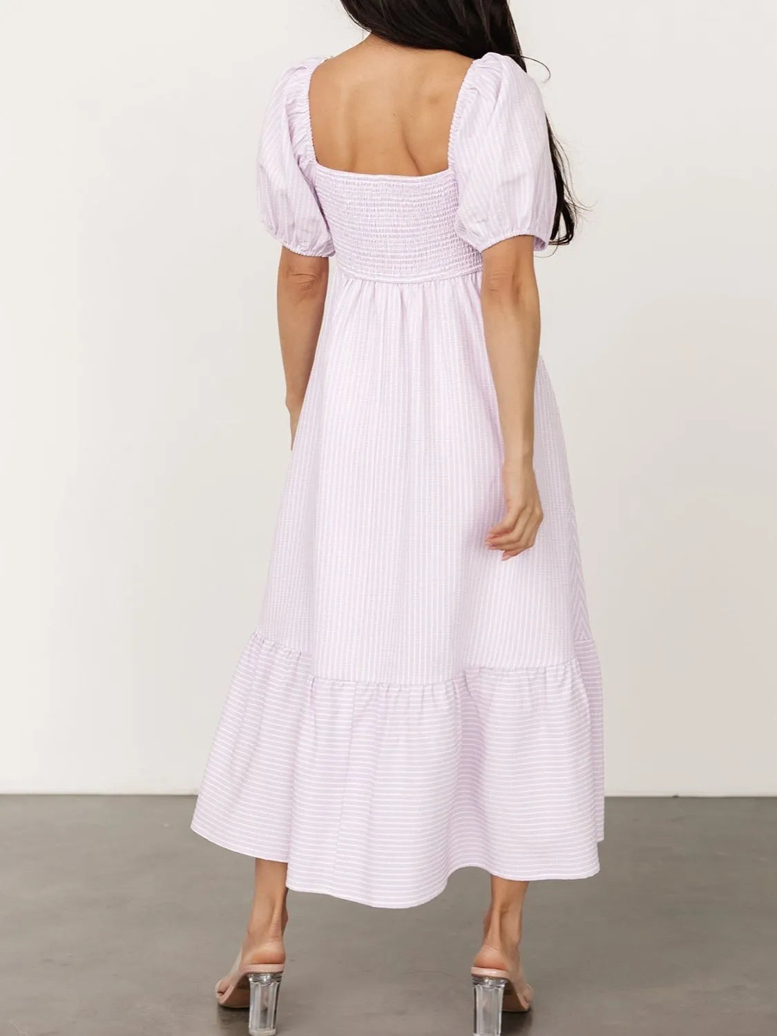 Striped Puff-Sleeve Sweetheart Midi Dress