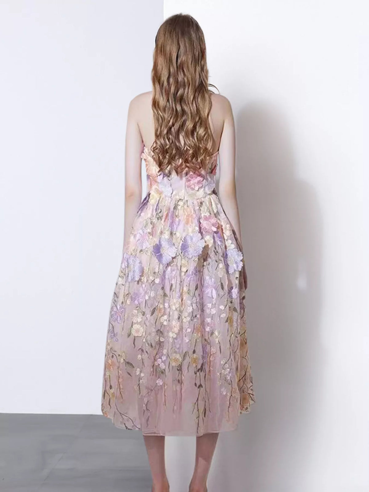 Strapless Floral Applique Midi Dress with Lace Detail