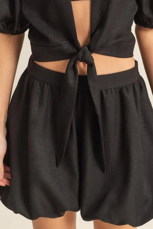 Hyfve Front Tie Top and Bubble Hem Shorts Set in Black