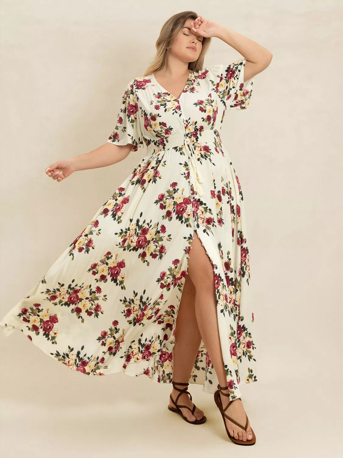 Floral Flutter Sleeve Button Front Maxi Dress in Pastel Yellow