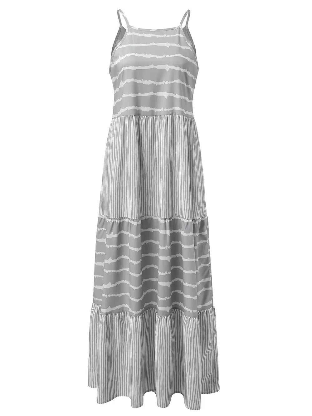 Tiered Striped Cami Dress in Light Gray