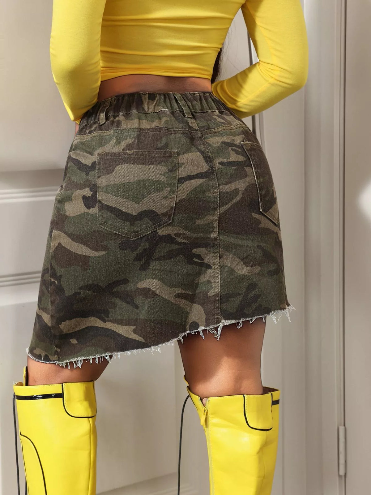 Camouflage Asymmetric Raw-Hem Denim Skirt in Army Green