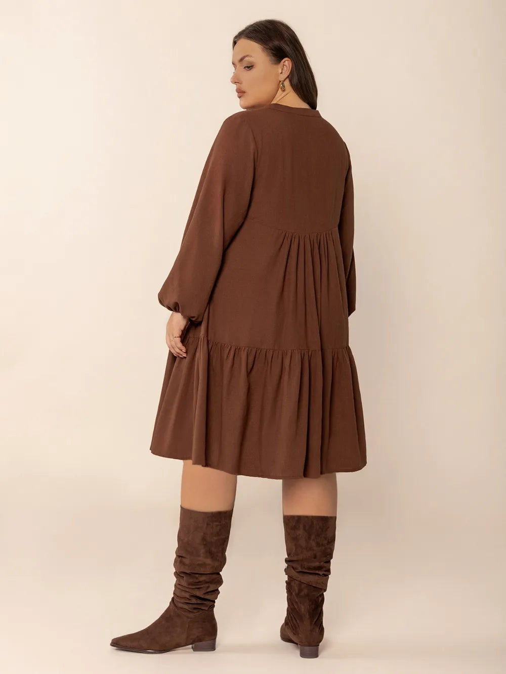 Plus Size Tie-Neck Tiered Dress in Brown