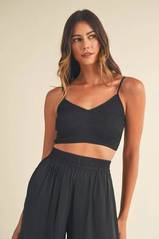 Smocked Bralette Top and Wide Leg Pants Set in Black