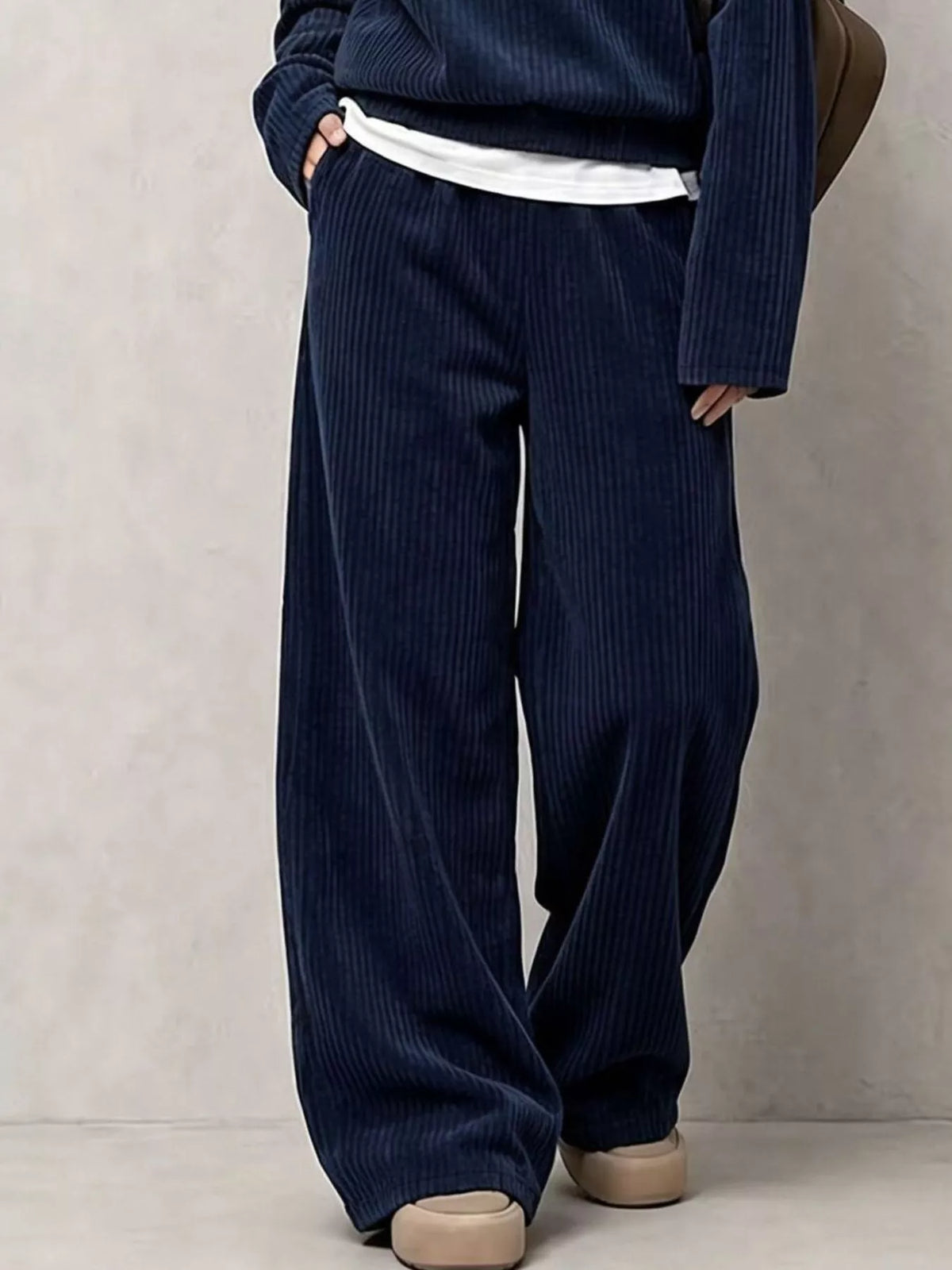 Corduroy Button-Front Top and Wide Leg Pants Set