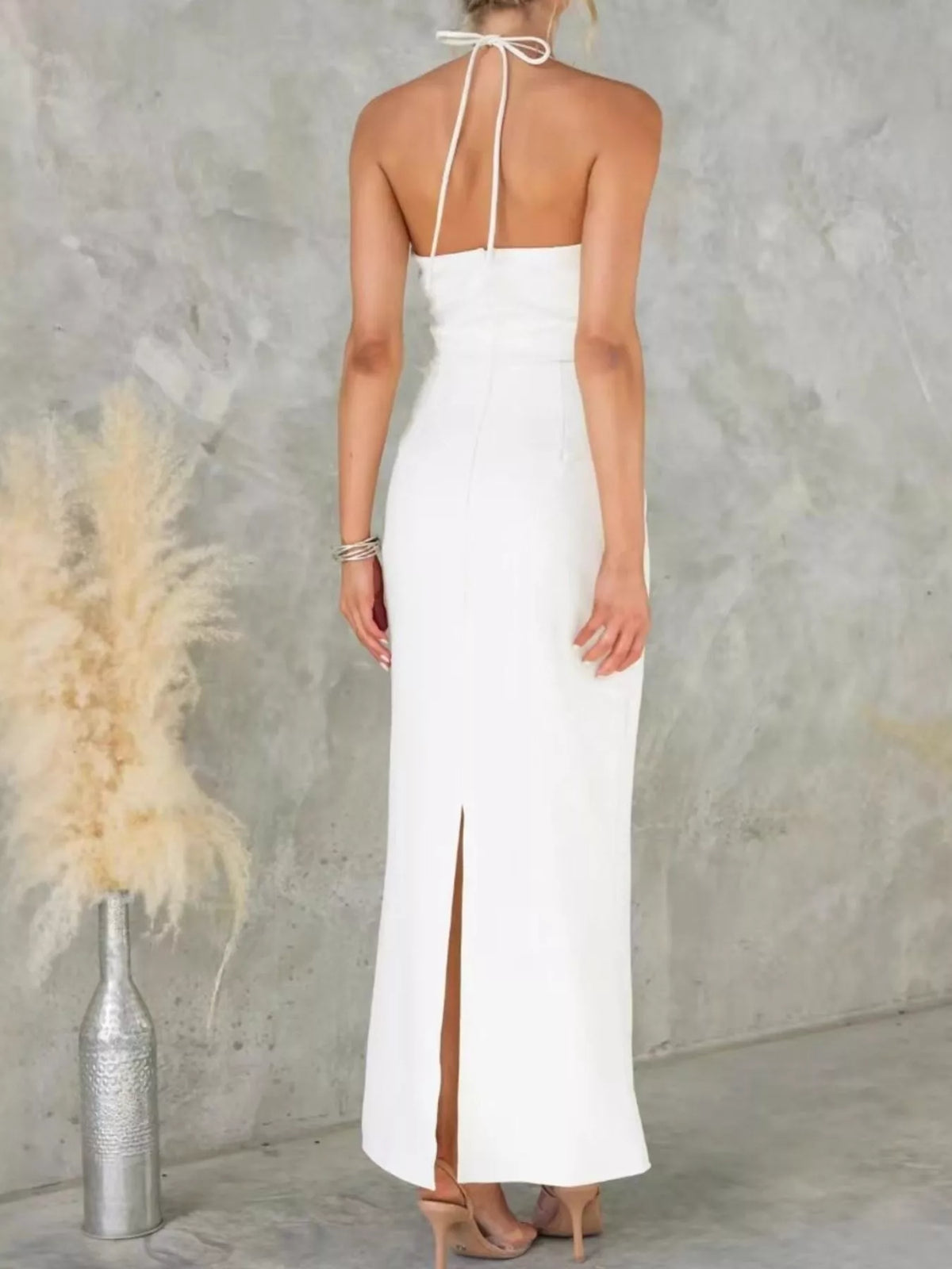 Slit-Back Halter Maxi Dress in Gray/White