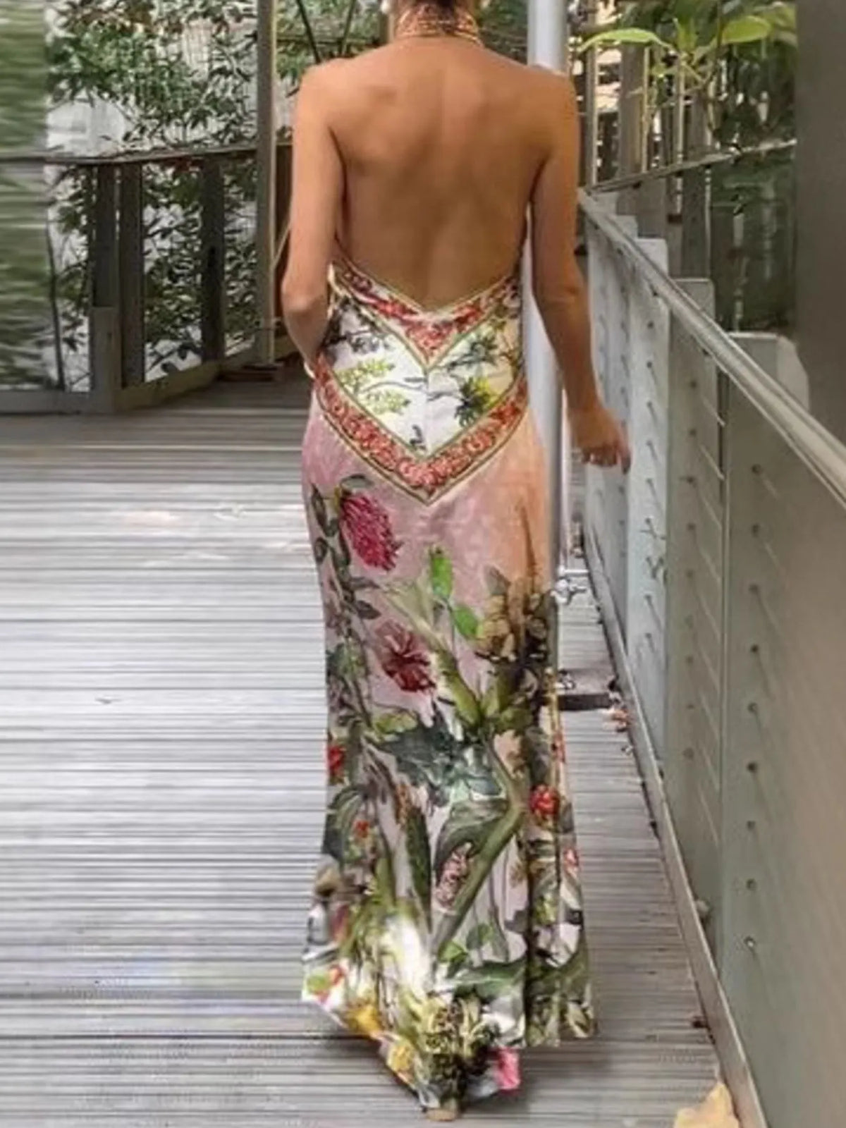 Printed Halter Neck Backless Maxi Dress in Color
