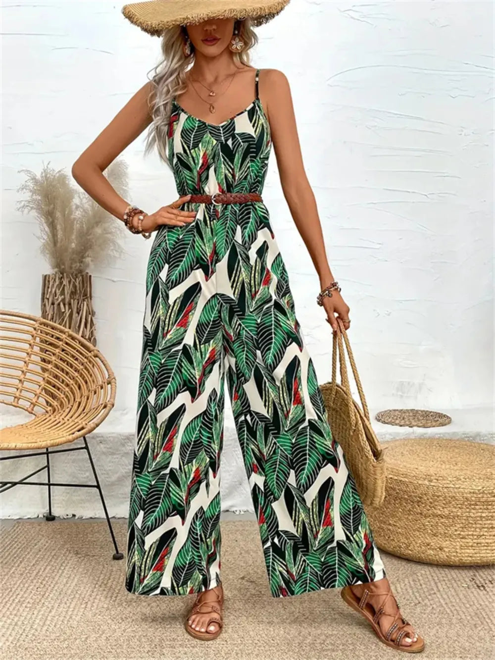 Tropical Print Wide Leg Jumpsuit in Dark Green