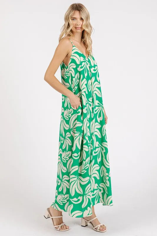 Printed V-Neck Cami Maxi Dress in Kelly Green by Mittoshop