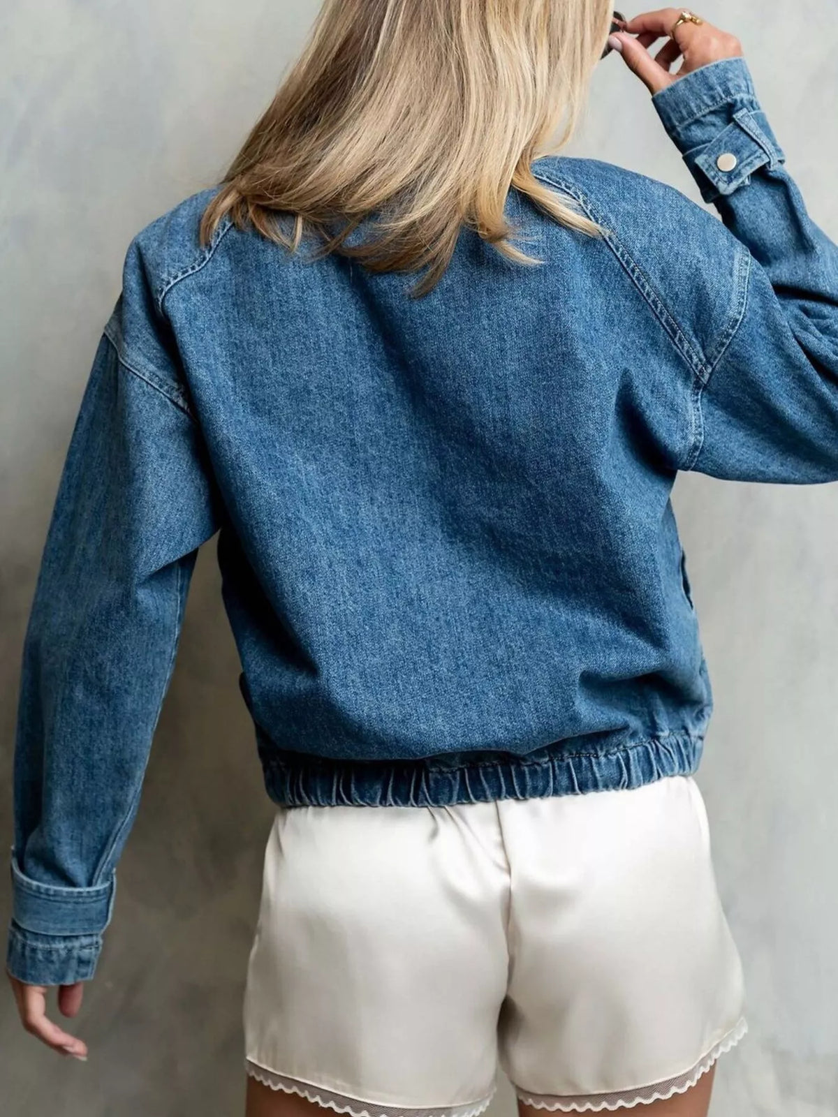 Half-Zip Turtleneck Denim Top in Blue