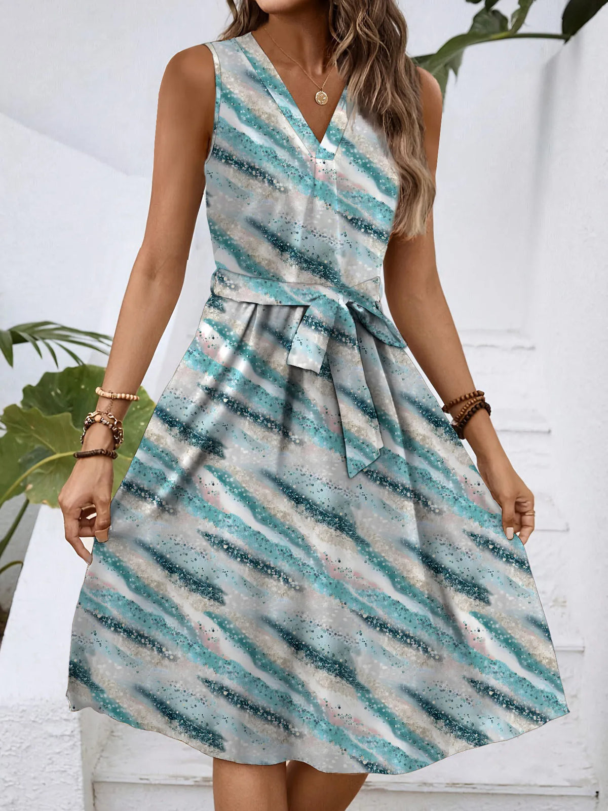 V-Neck Tie-Waist Dress in Light Blue by Classic Comfort