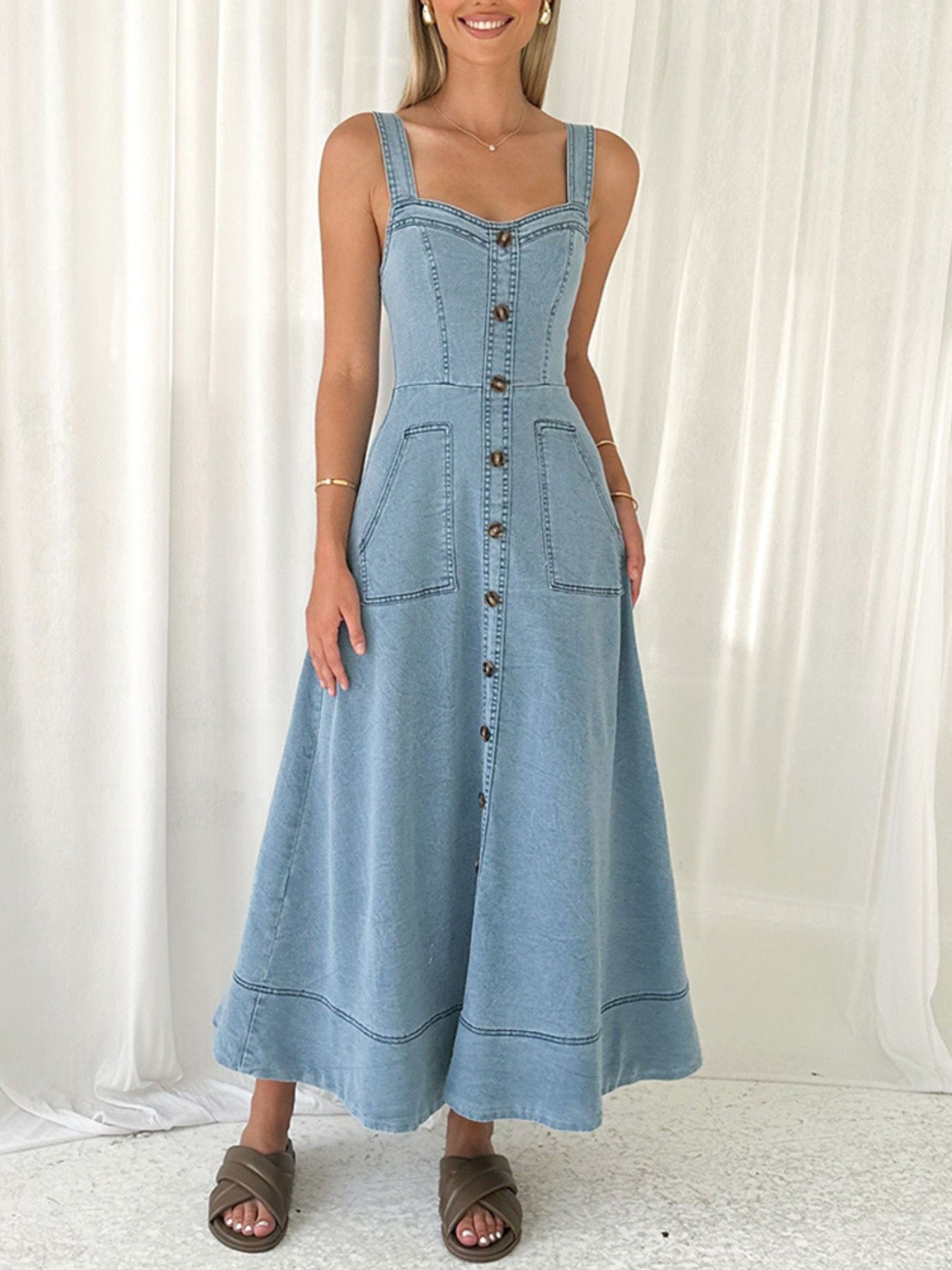 Decorative Button Front A-Line Denim Dress in Light Blue