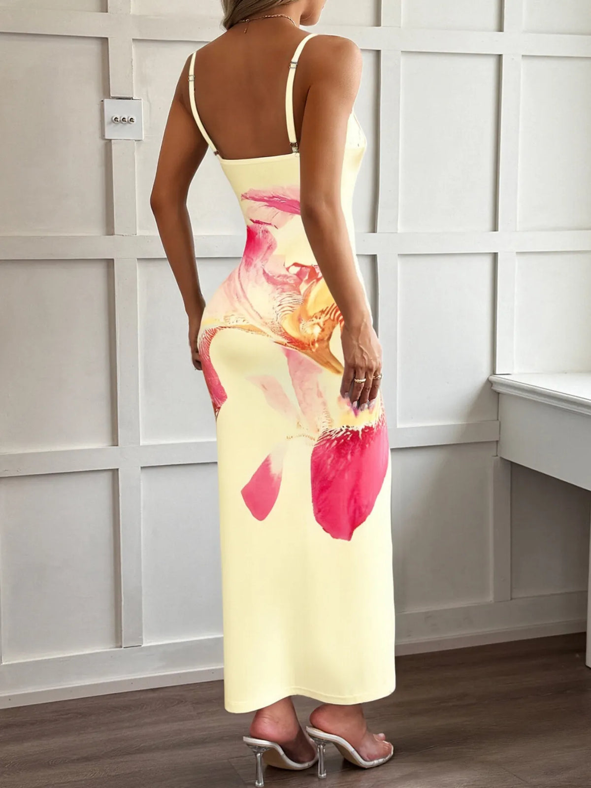 Printed Bodycon Spaghetti Strap Maxi Dress in Navy Blue