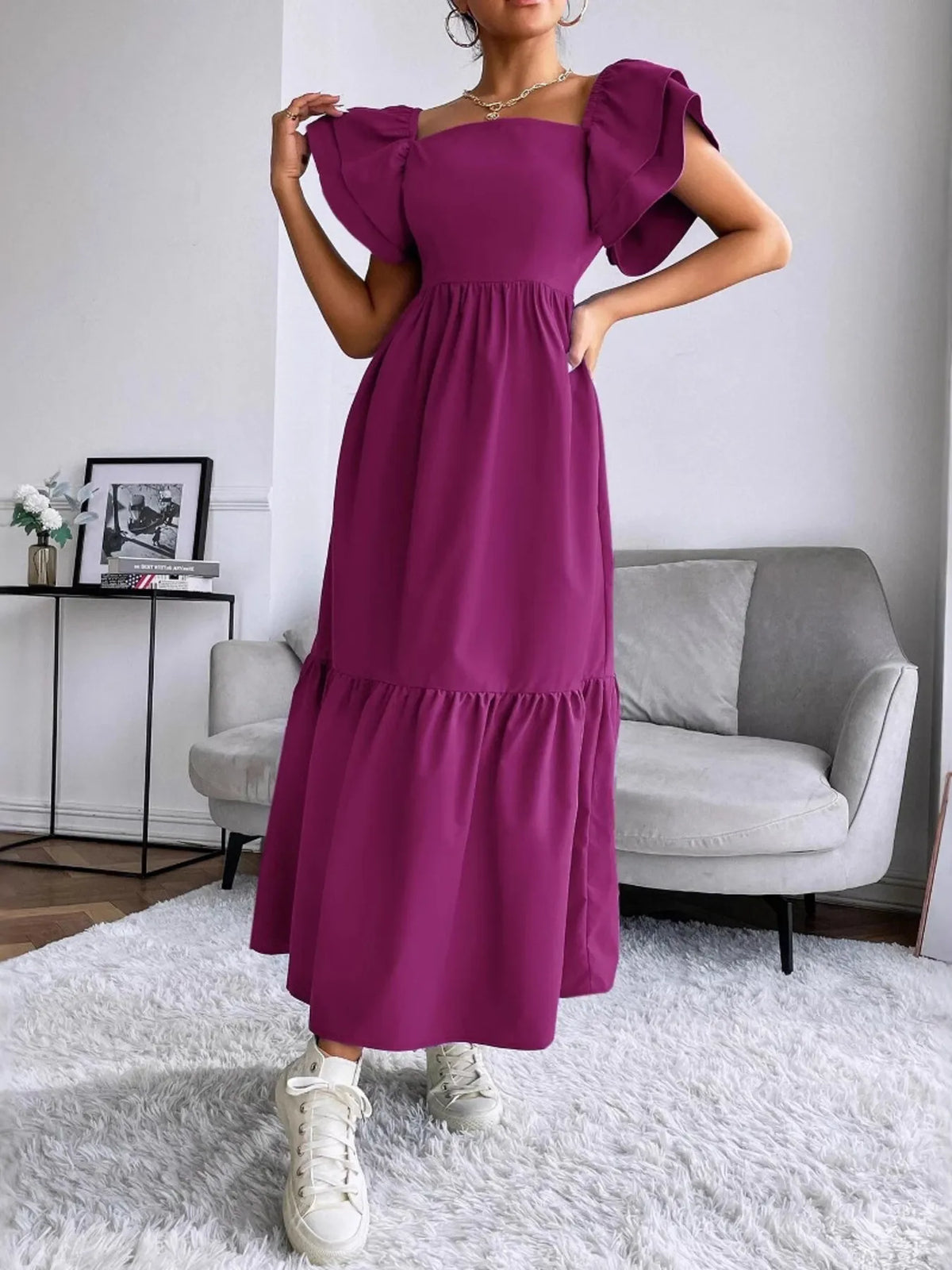 Tiered Ruffle Square-Neck Maxi Dress