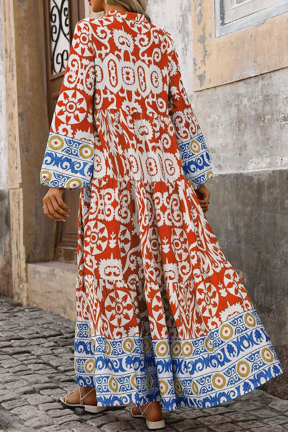 Printed Notched Long Sleeve Maxi Dress in Orange
