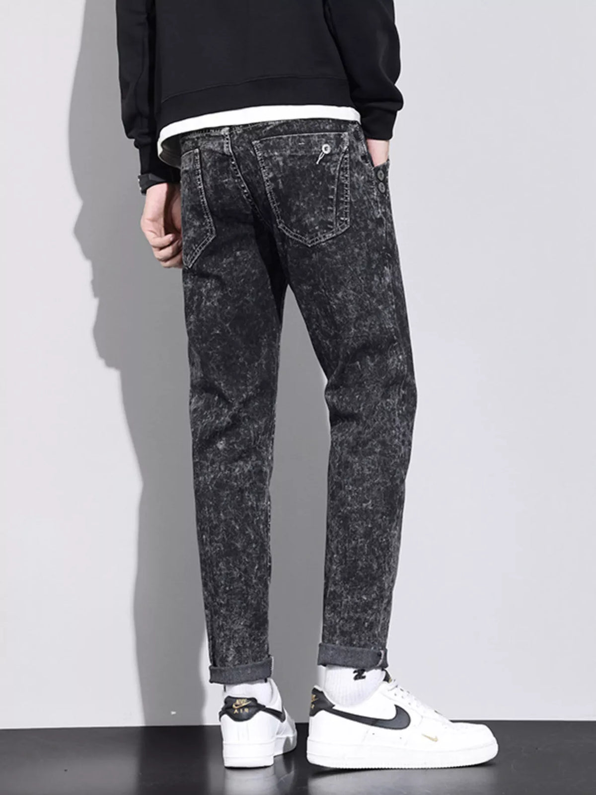 Vintage Acid Wash Slim Fit Jeans in Dark Gray by True Self