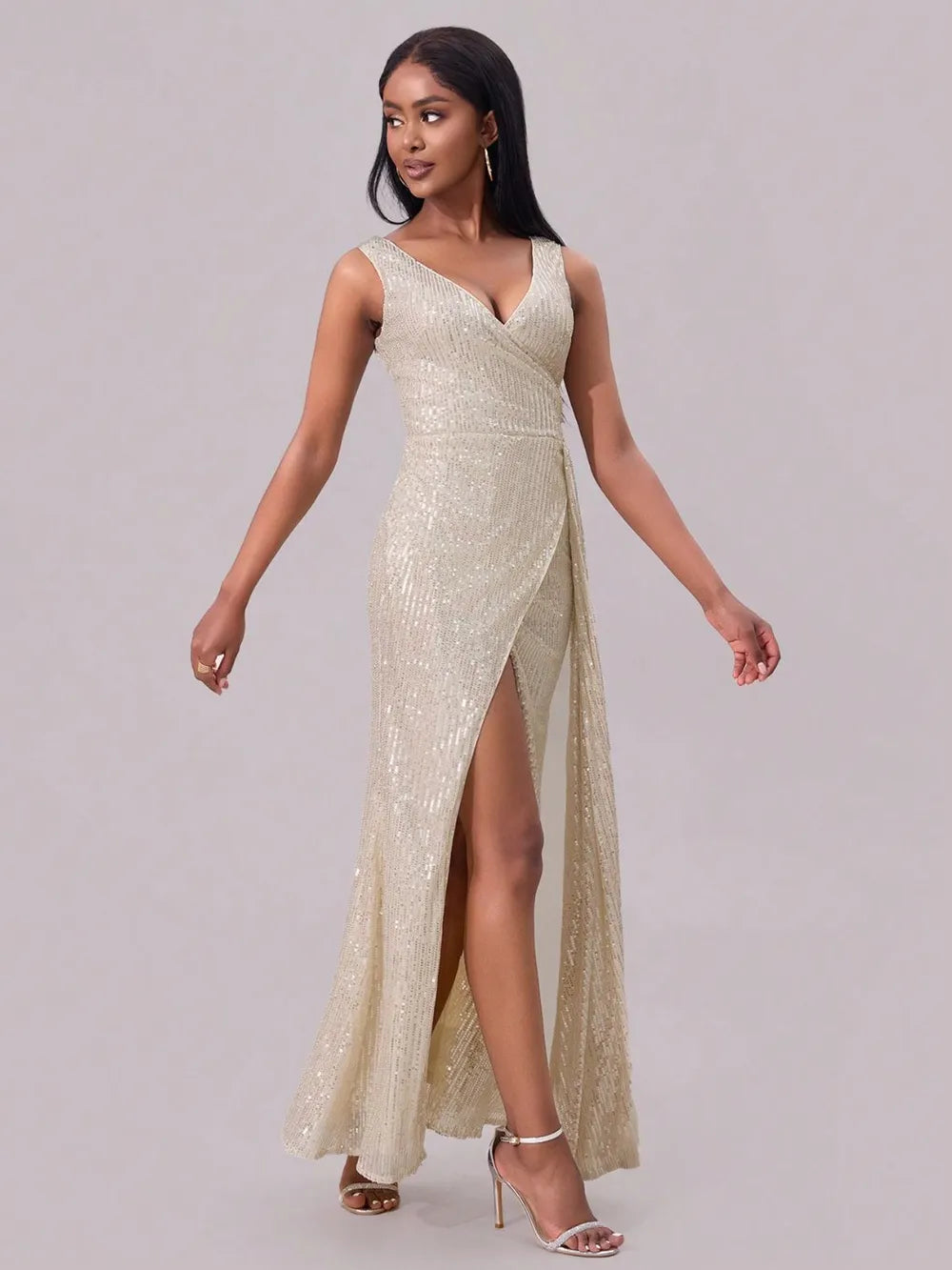 Sequin Surplice Maxi Dress in Champagne in Champagne Color by Jubilair