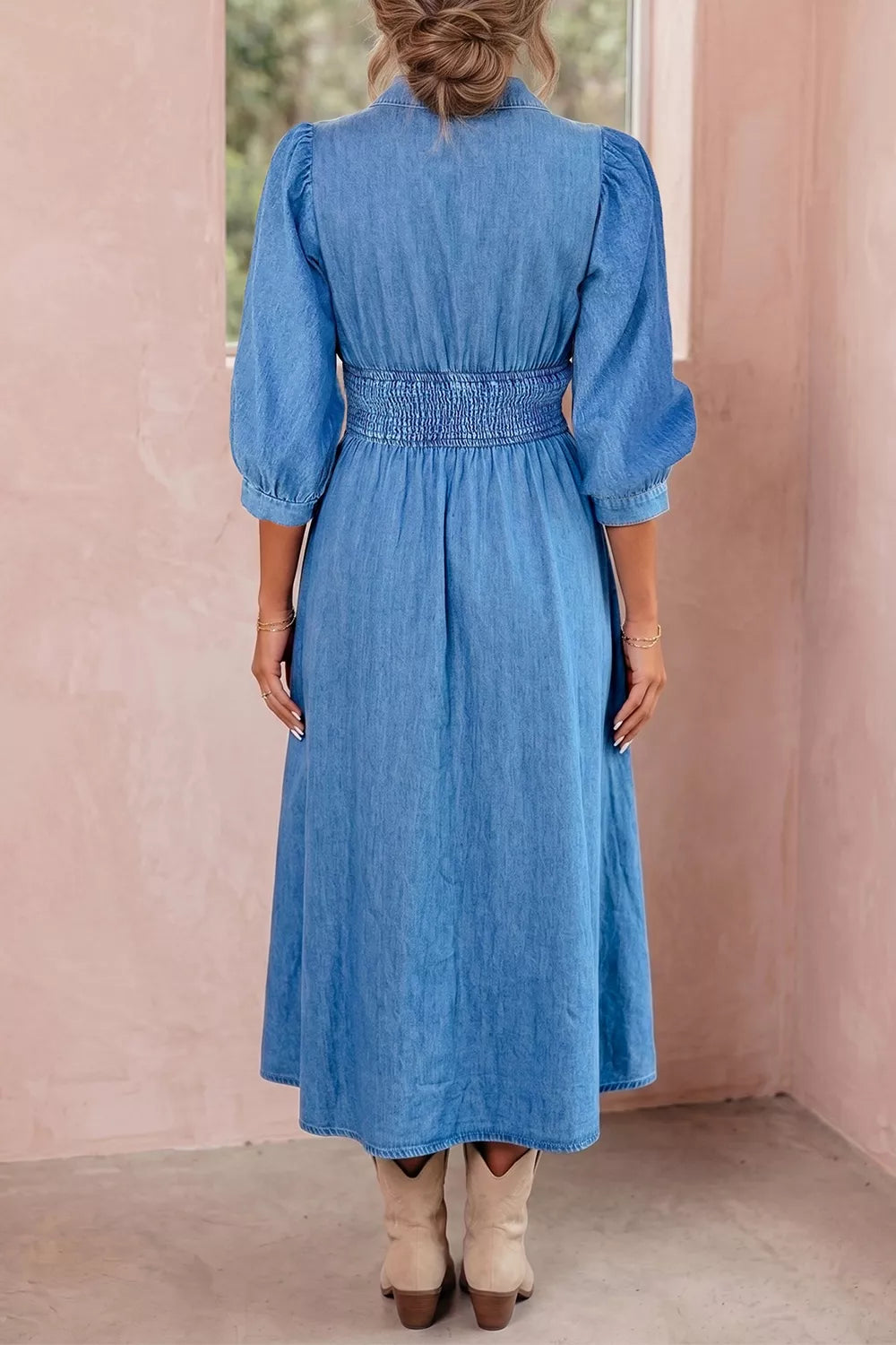 V-Neck Shirred Waist Denim Midi Dress in Peacock Blue in Peacock Blue