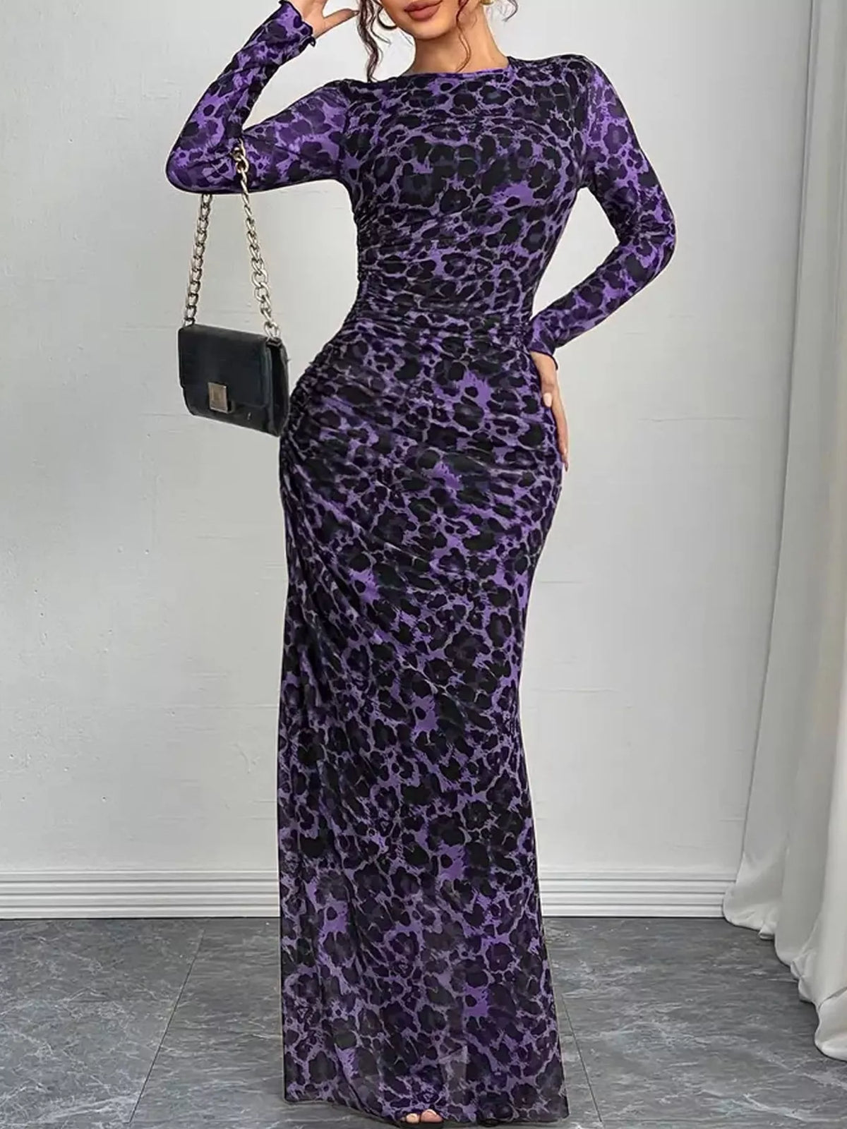 Leopard Print Ruched Bodycon Maxi Dress