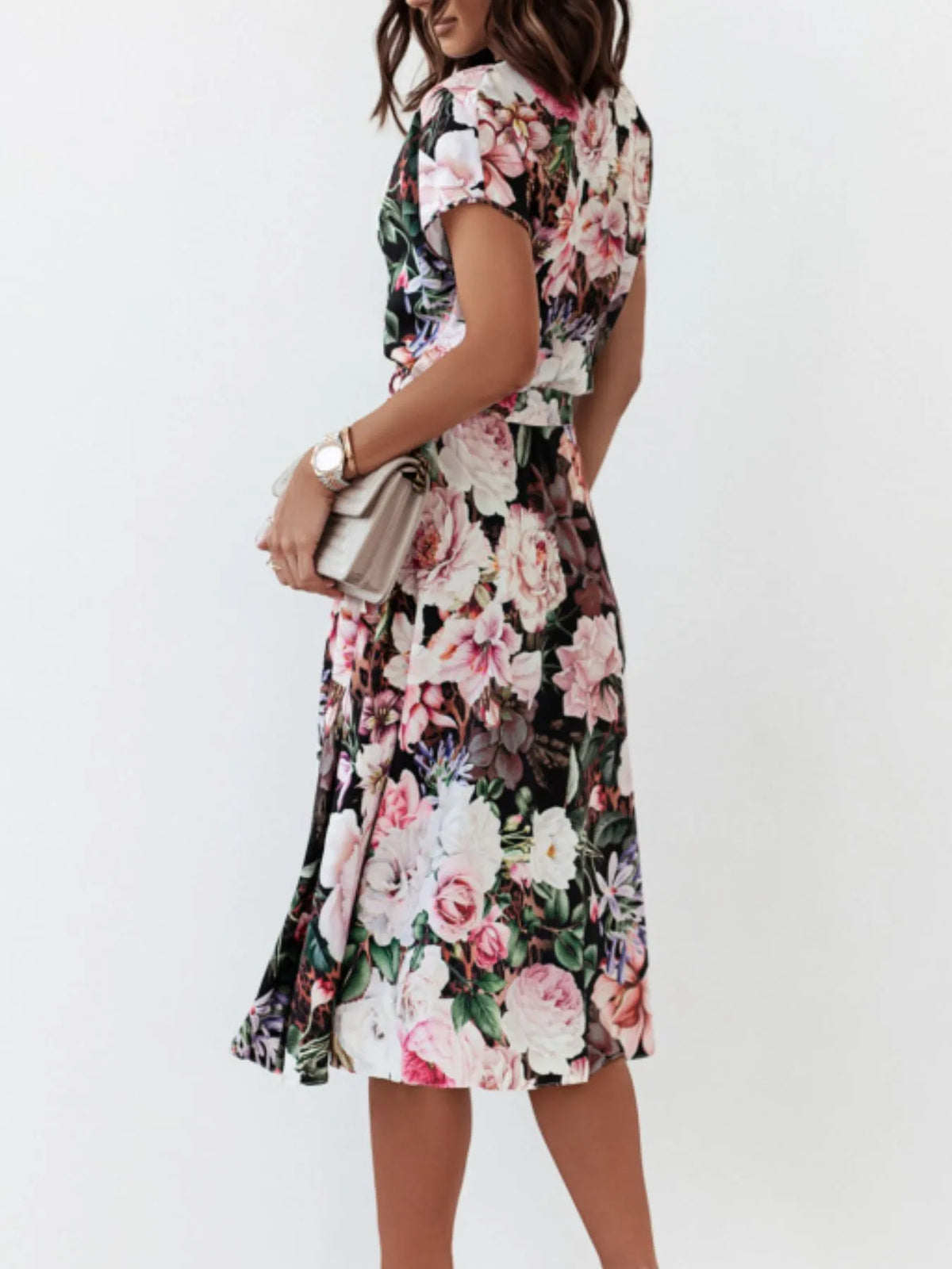 Floral Short Sleeve Midi Dress in Black