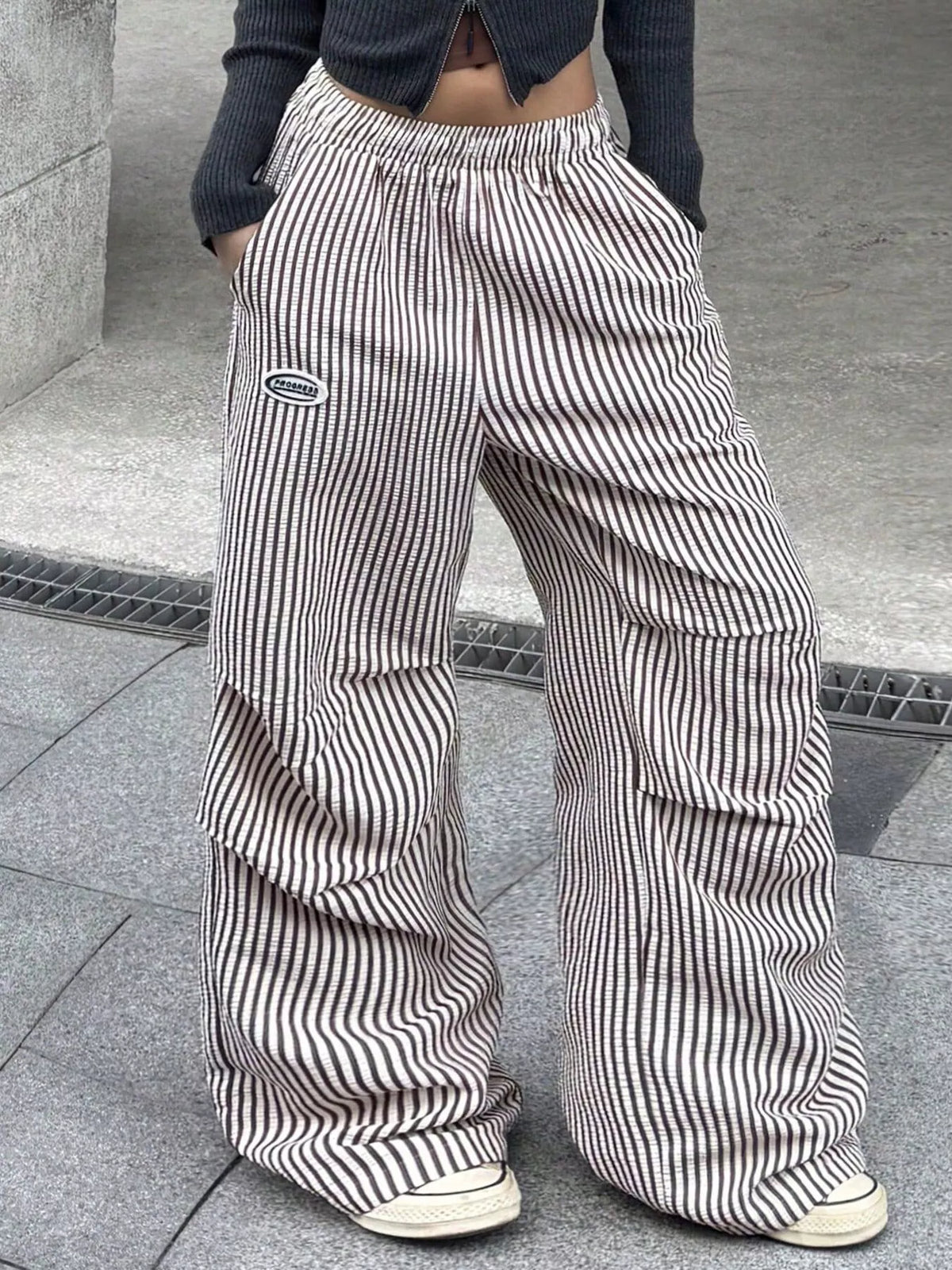 High-Waisted Striped Wide-Leg Cargo Pants in Khaki