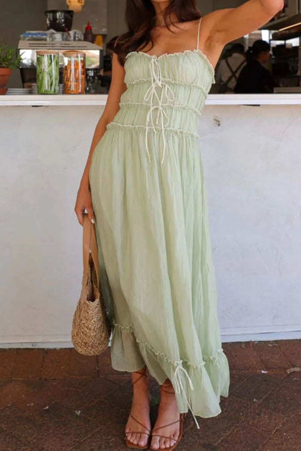 Ruffled Hem Frill Midi Cami Dress in Light Green