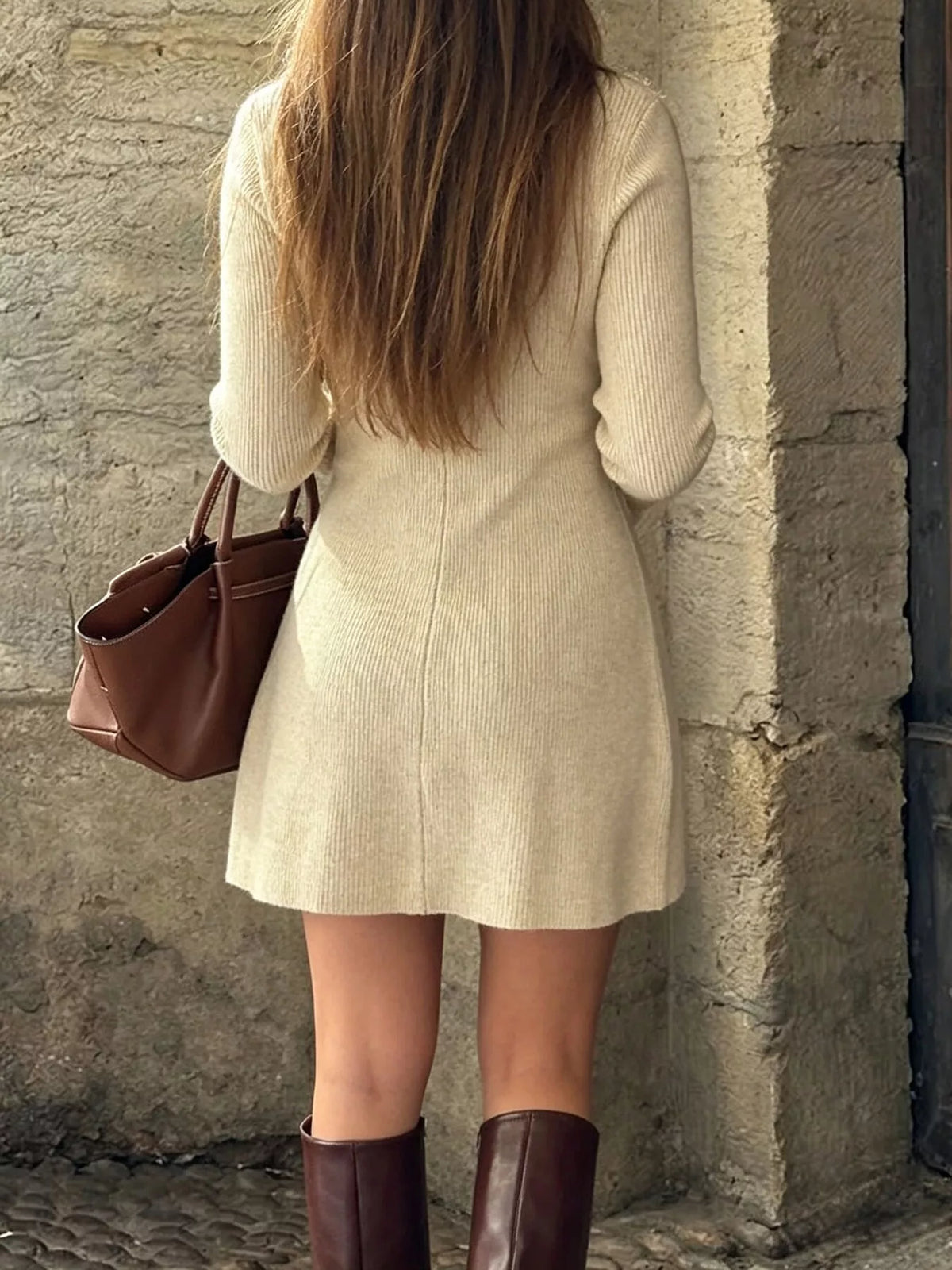Ribbed Button-Down Sweater Dress in Apricot