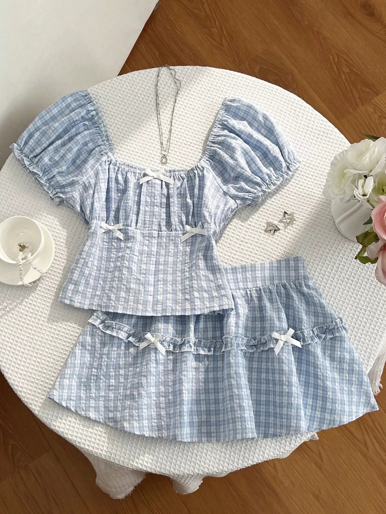 Plaid Puff Sleeve Blouse and Skirt Set in Blue