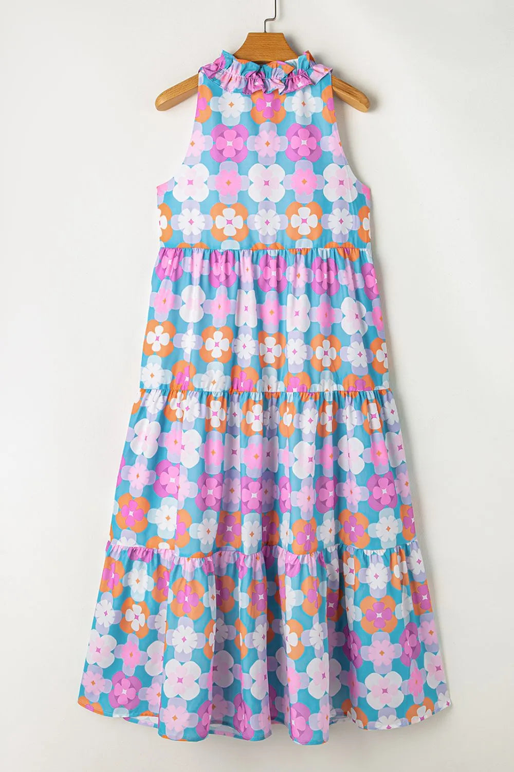 Tiered Floral Midi Dress in Pink Purple
