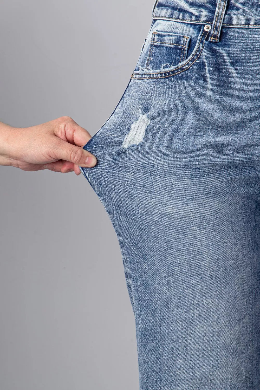 Cuffed Straight-Leg Distressed Jeans in Medium Wash