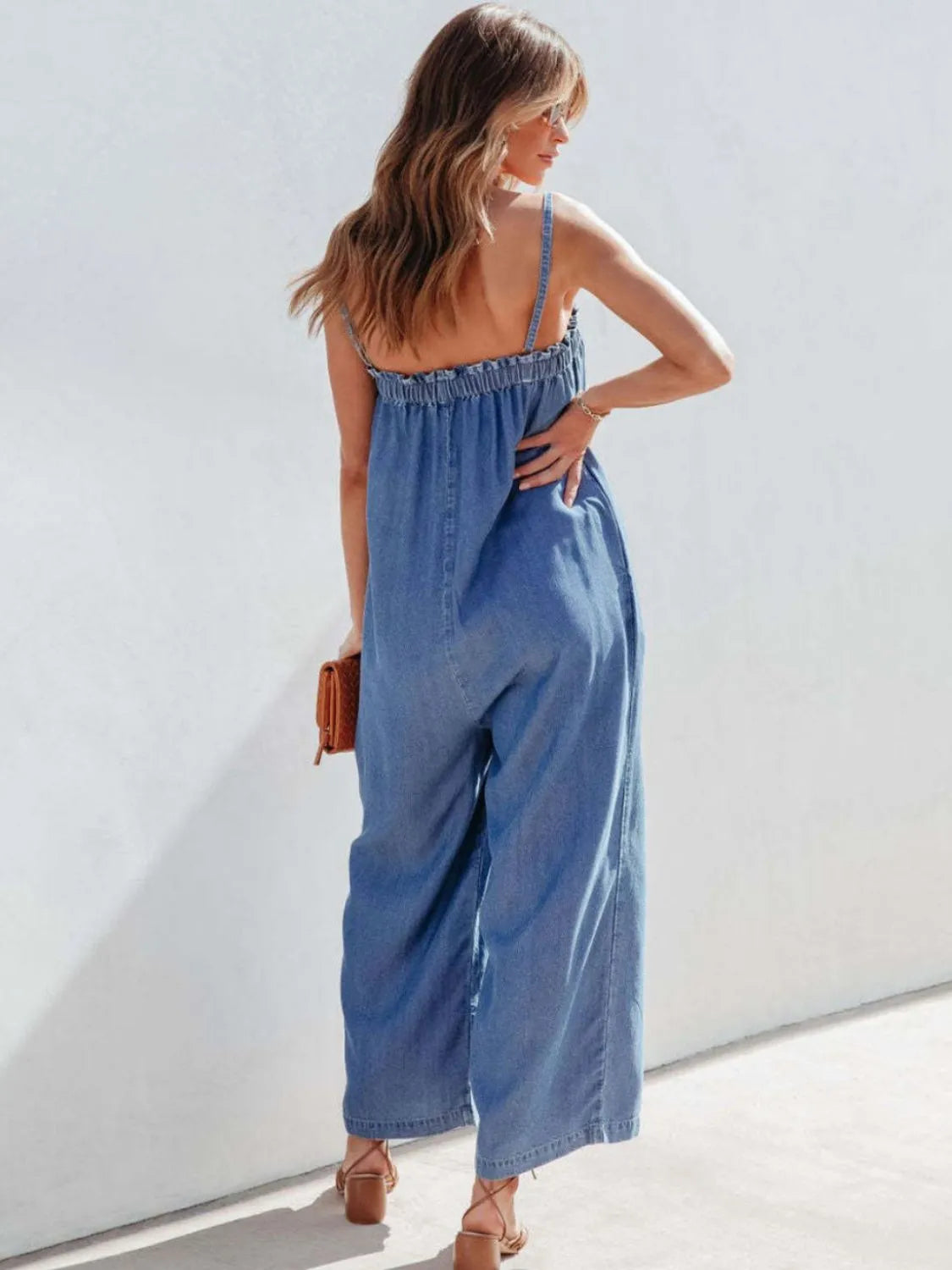 Spaghetti Strap Wide Leg Denim Jumpsuit in Medium Wash by Yolan House