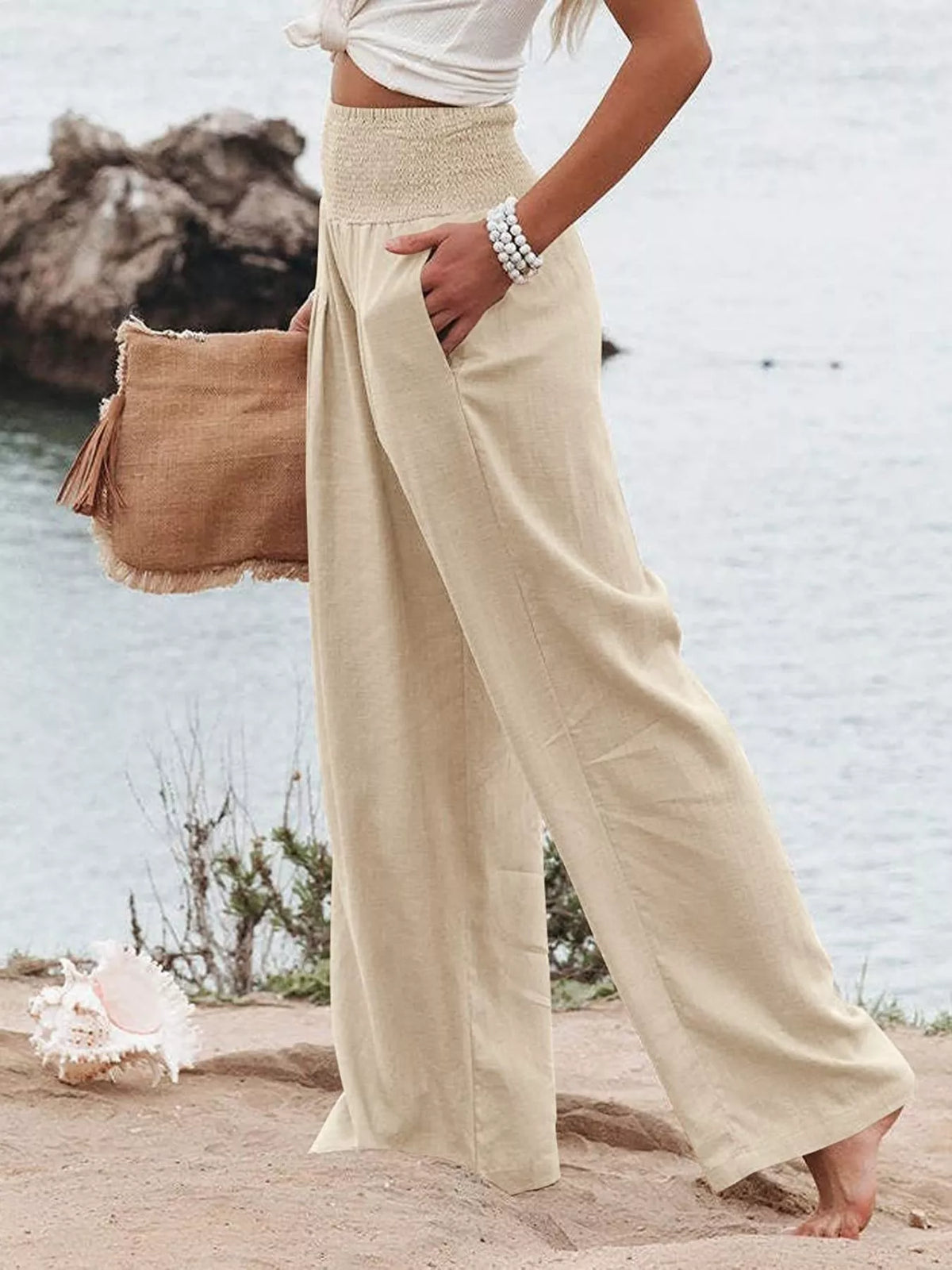 Smocked High-Waisted Wide Leg Pants