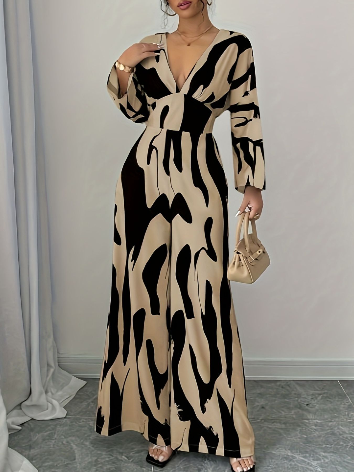 Abstract Print Belted Jumpsuit in Khaki