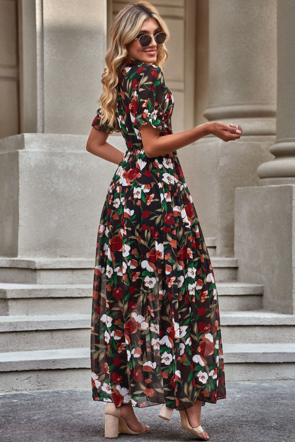 Floral V-Neck Flounce Sleeve Dress