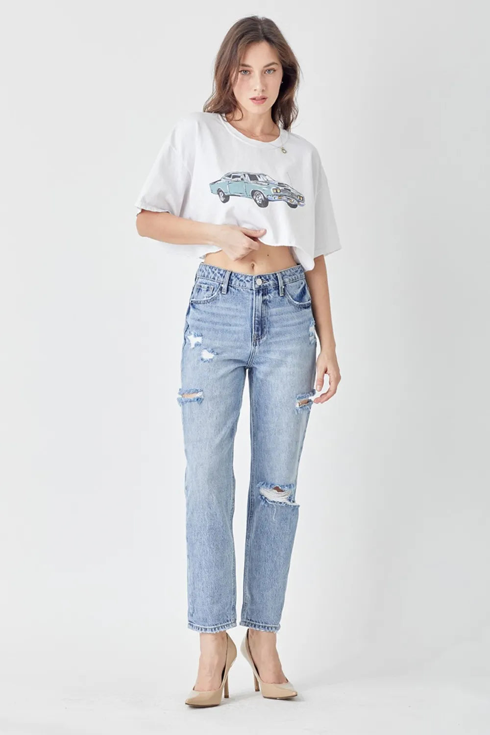 Risen Washed Distressed Slim Cropped Jeans in Medium
