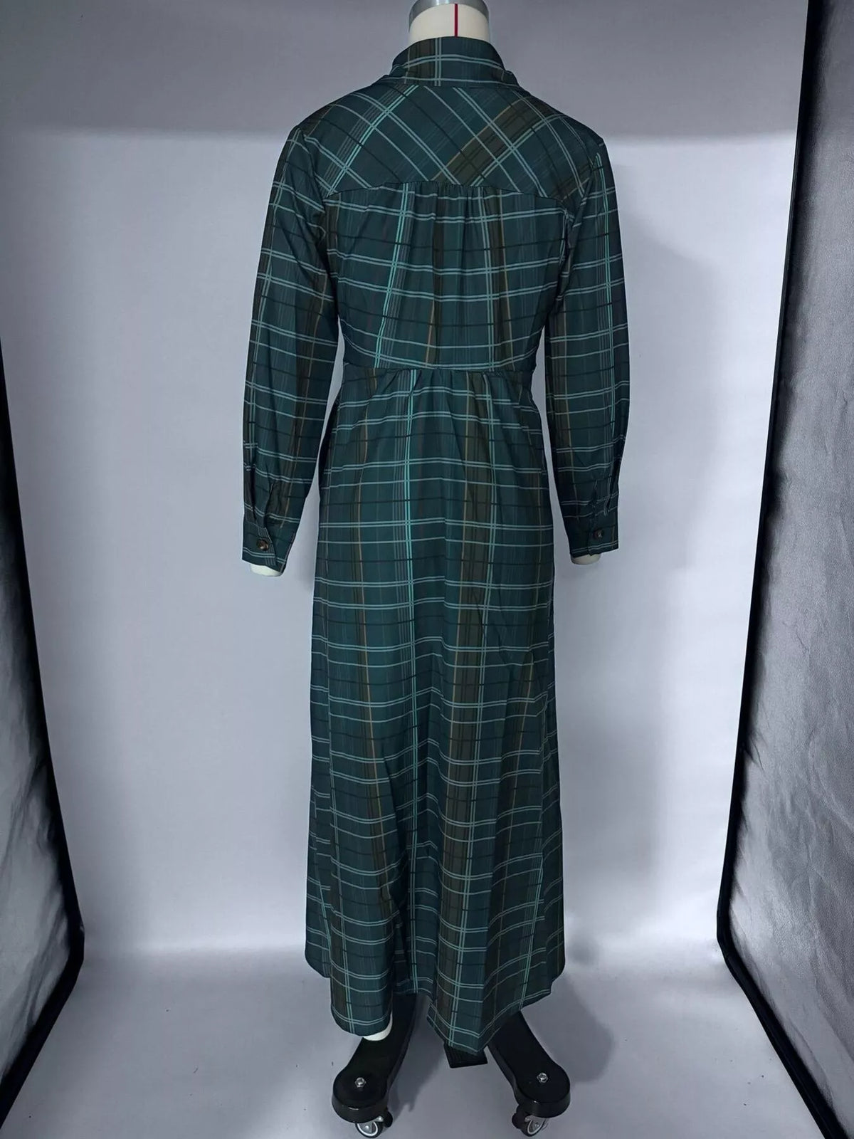 Plaid Button-Down Maxi Shirt Dress in Dark Green