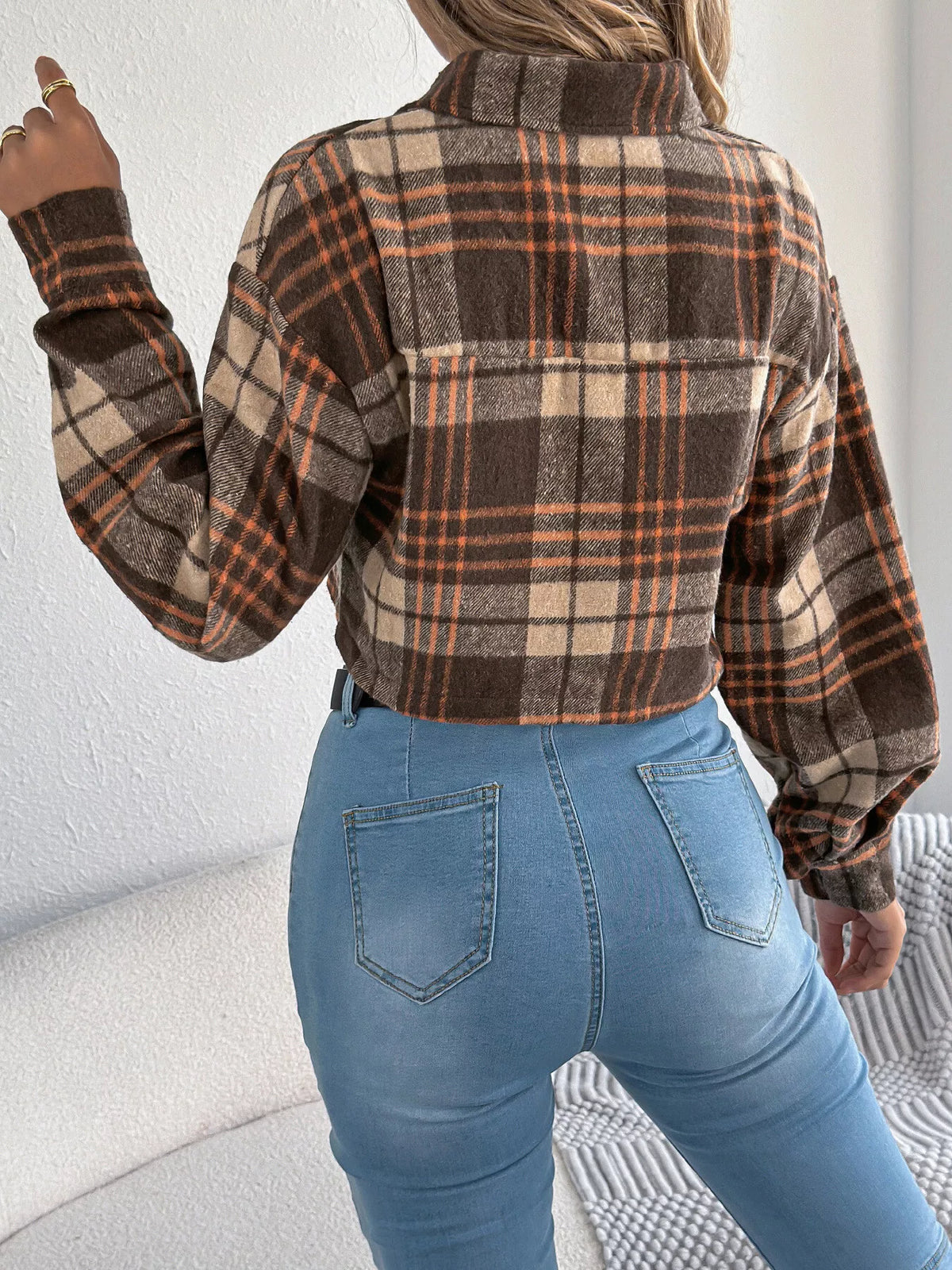 Plaid Button-Up Cropped Jacket by Clise