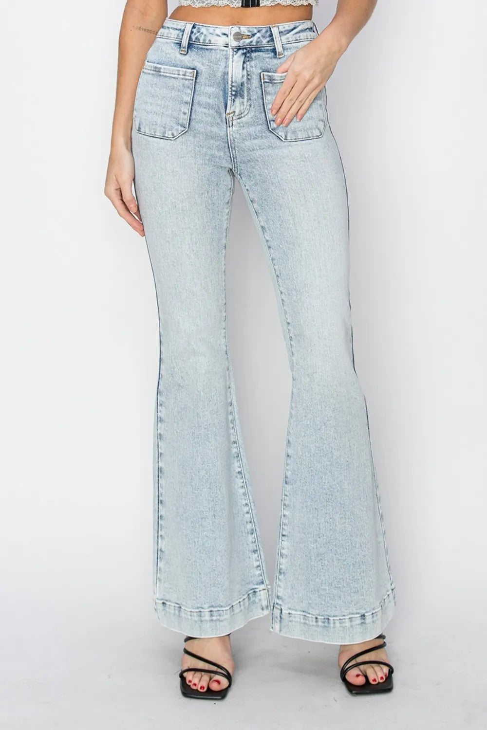 Risen Front Patch Pocket Flare Jeans in Acid Light