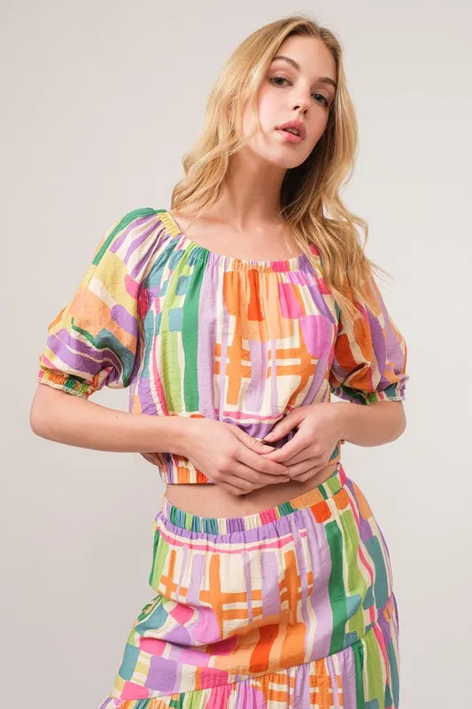 And The Why Geo Print Puff Sleeve Crop Top in Multi