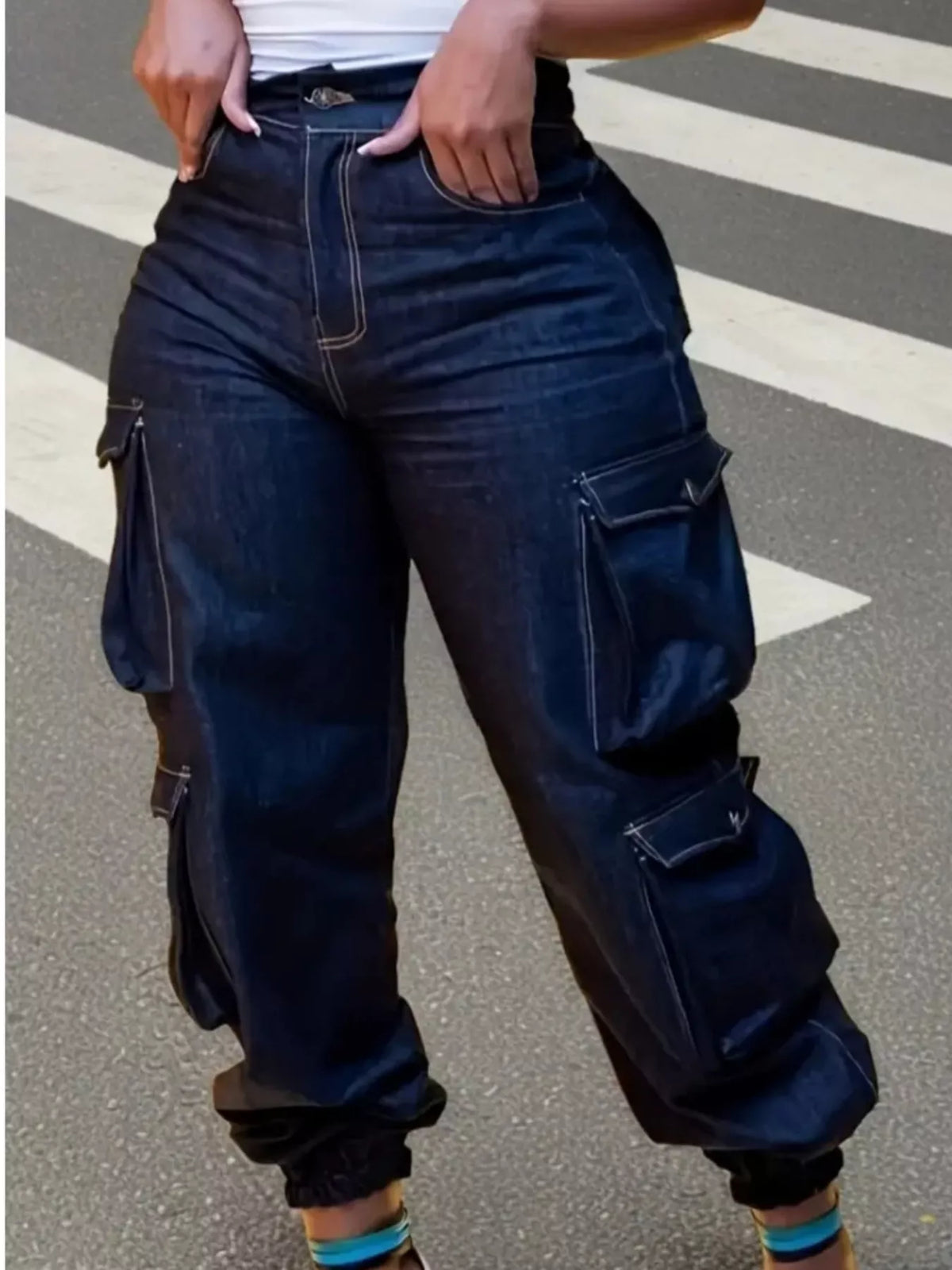 Plus Size High-Waisted Cargo Jeans in Blue