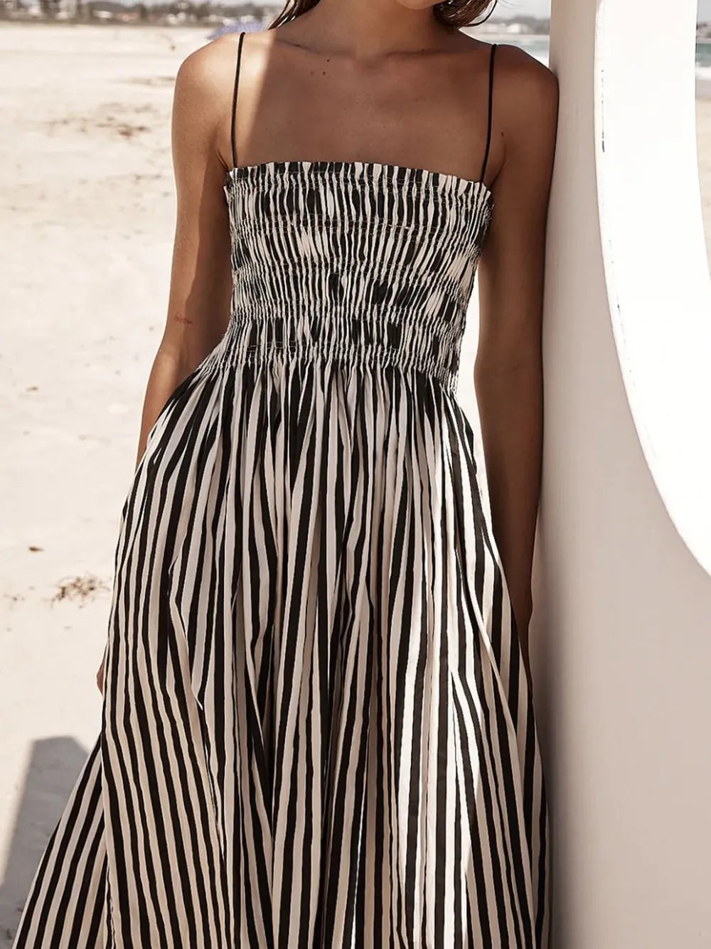 Smocked Square-Neck Cami Dress in Black & White Stripe in Black/White
