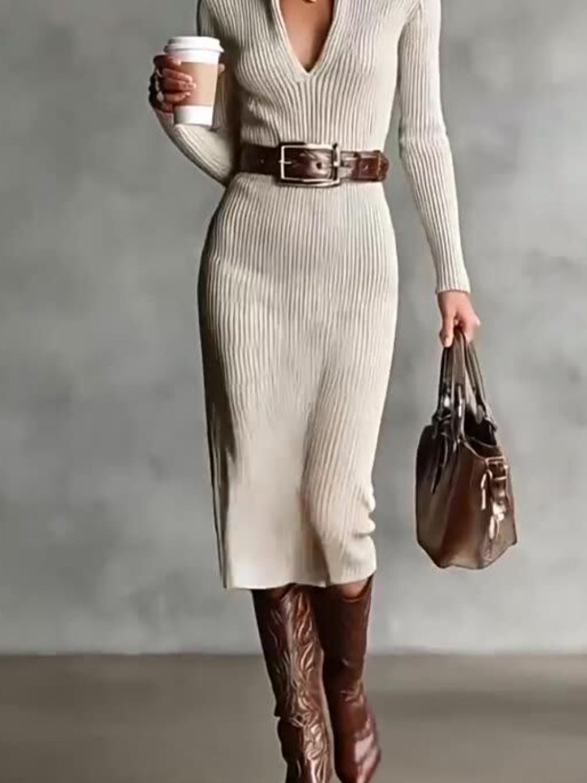 Ribbed Knit Turtleneck Bodycon Sweater Dress in Beige