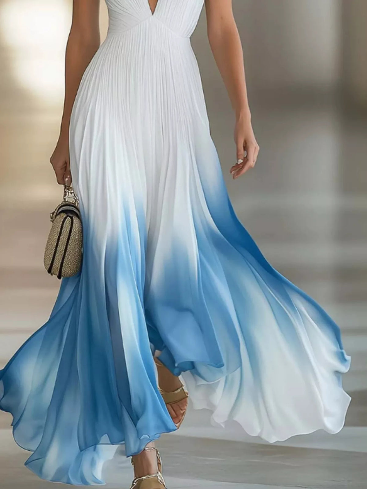 Gradient V-Neck Maxi Dress in White