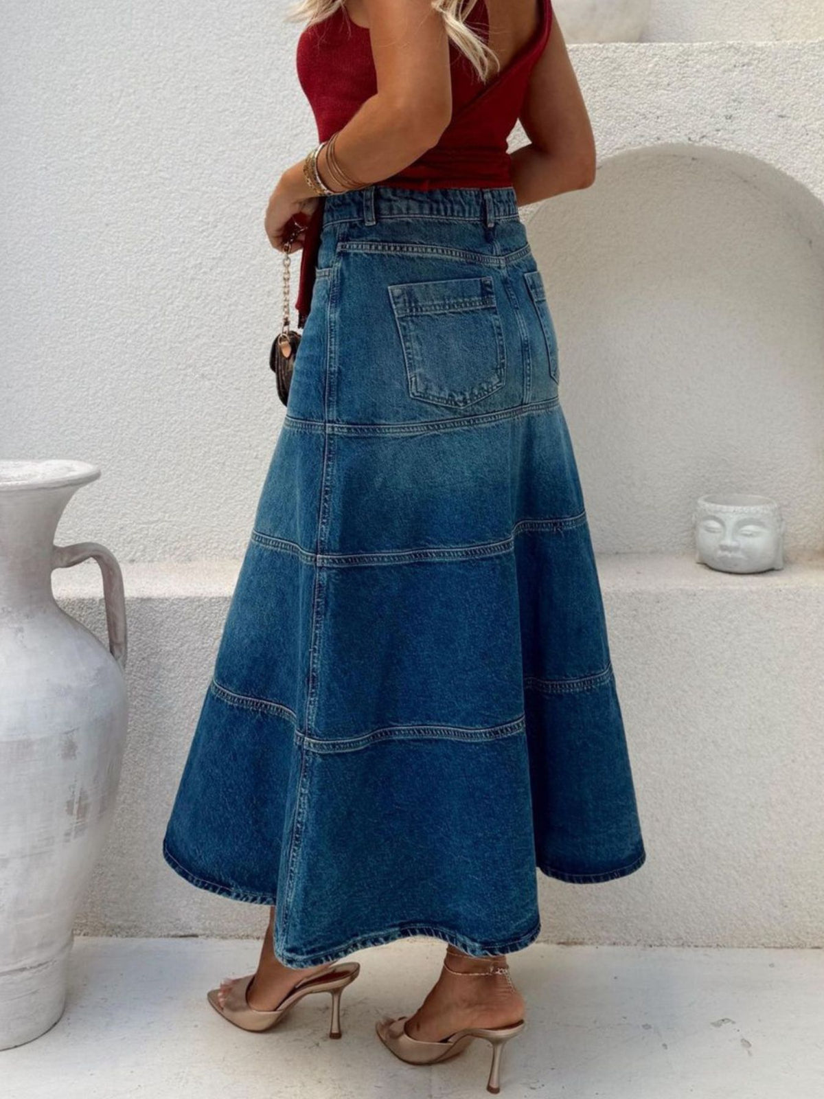 High-Waisted Belted Denim Skirt in Dusty Blue