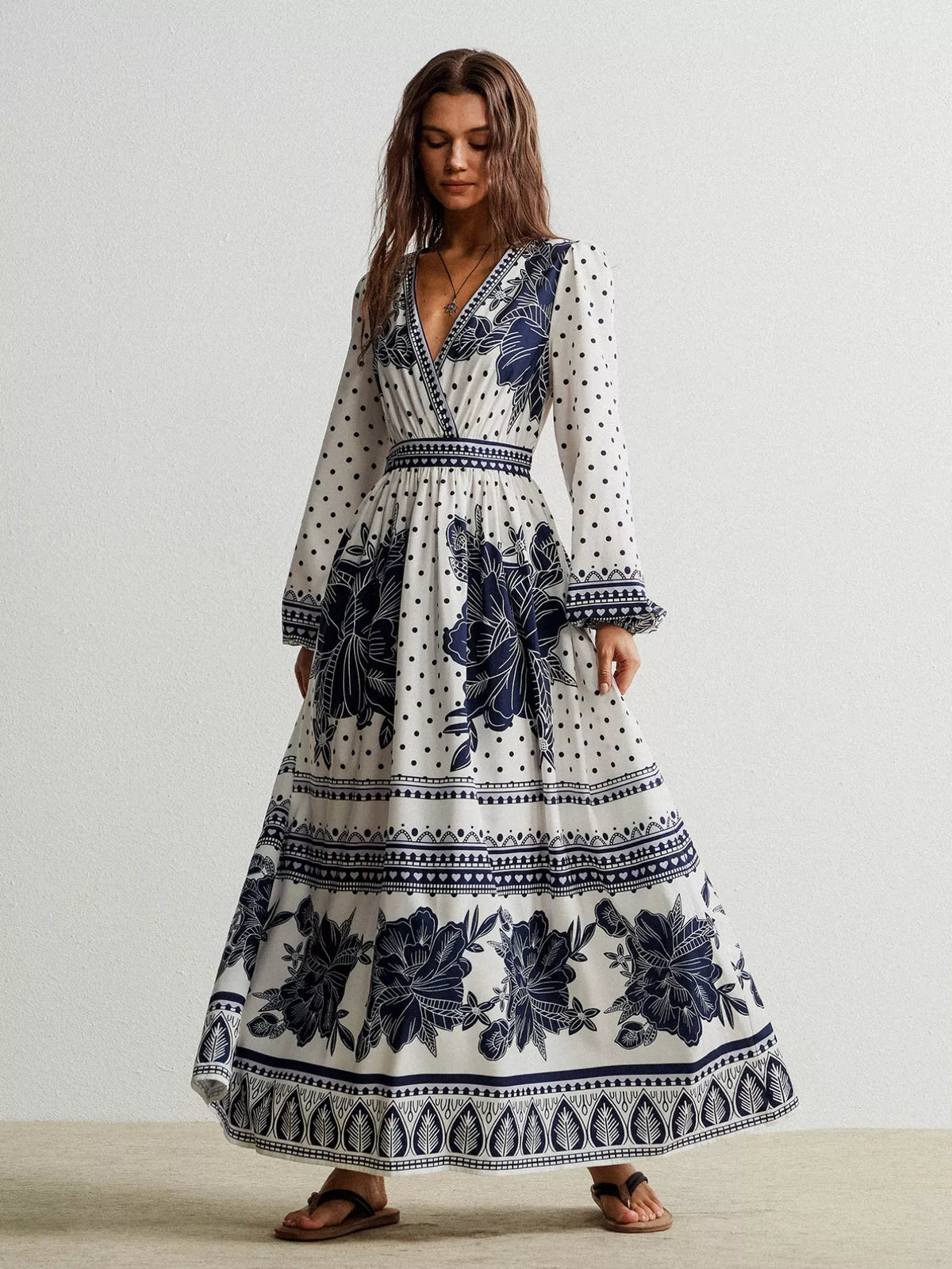 Ruched Floral Long Sleeve Maxi Dress in Indigo