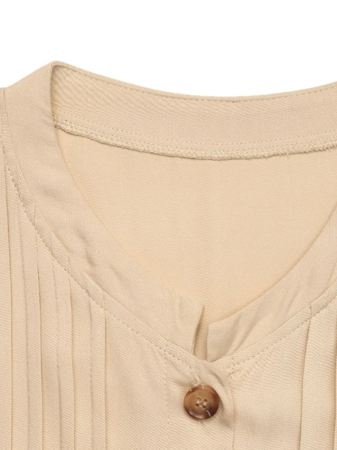 Button Front Flounce Sleeve Dress in Tan