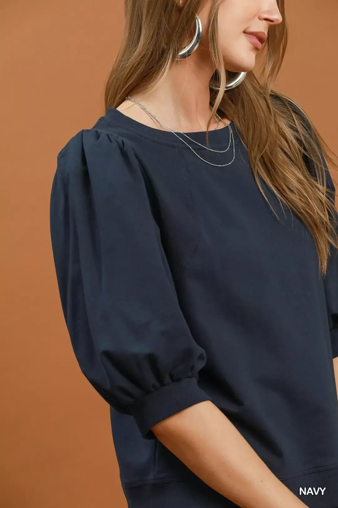 Umgee Puff Sleeve Sweatshirt in Navy