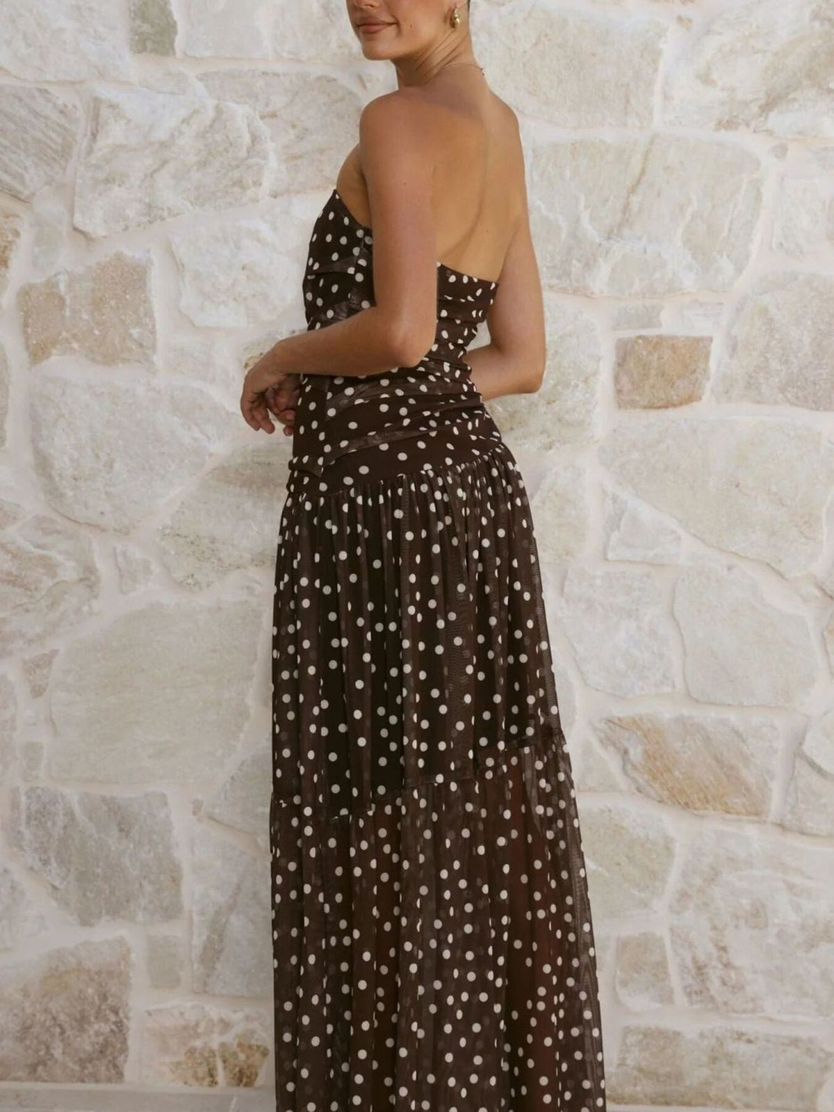 Polka Dot Strapless Ruched Maxi Dress